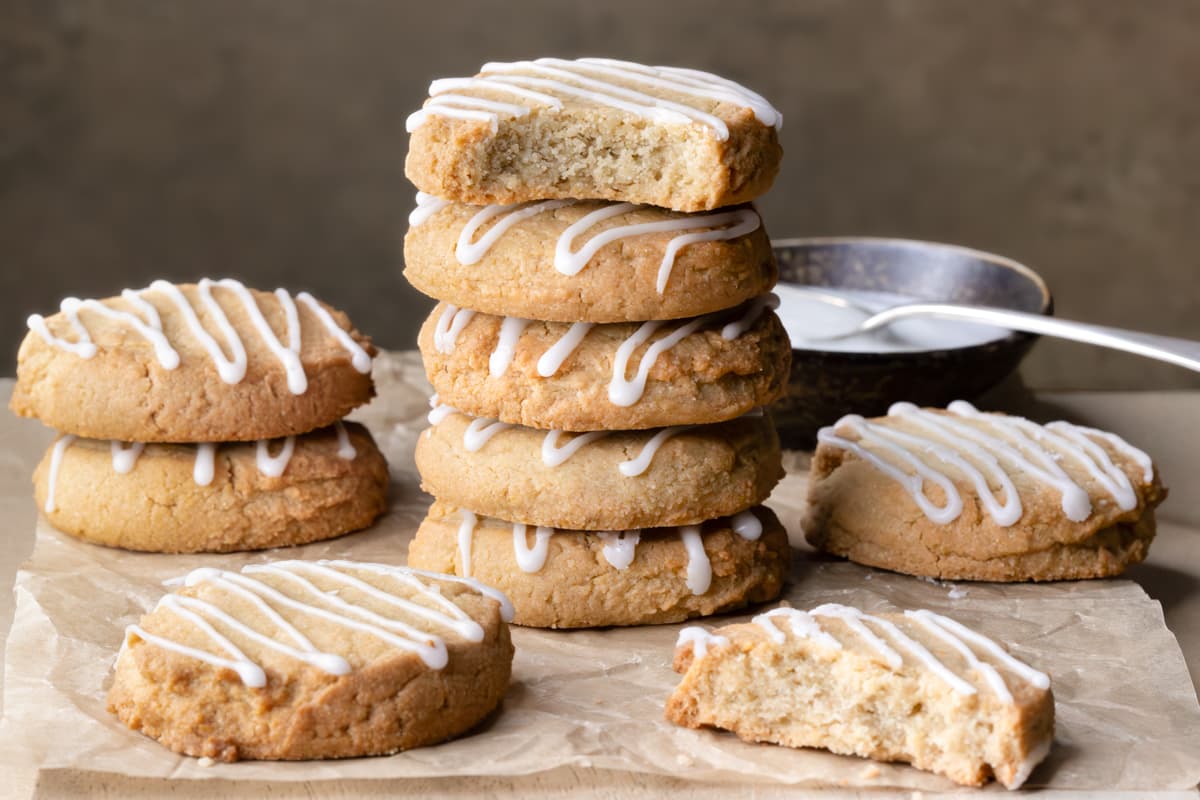 A stack of vegan lemon cookies with a shortbread texture