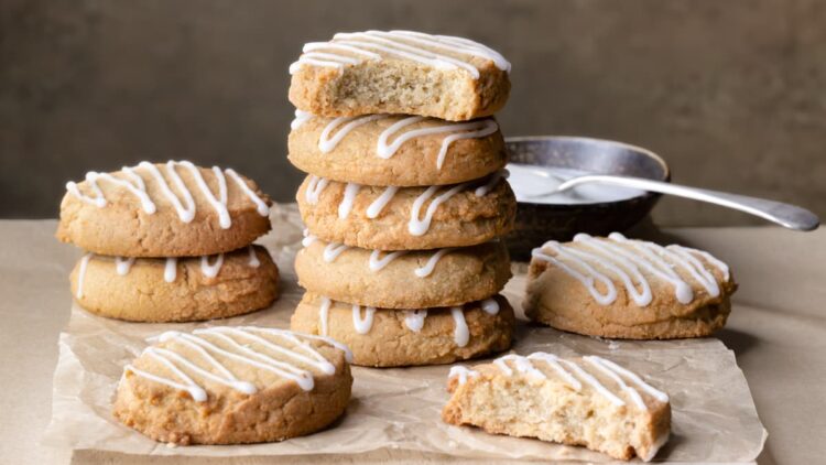 Lemon shortbread cookies stacked on top of each other