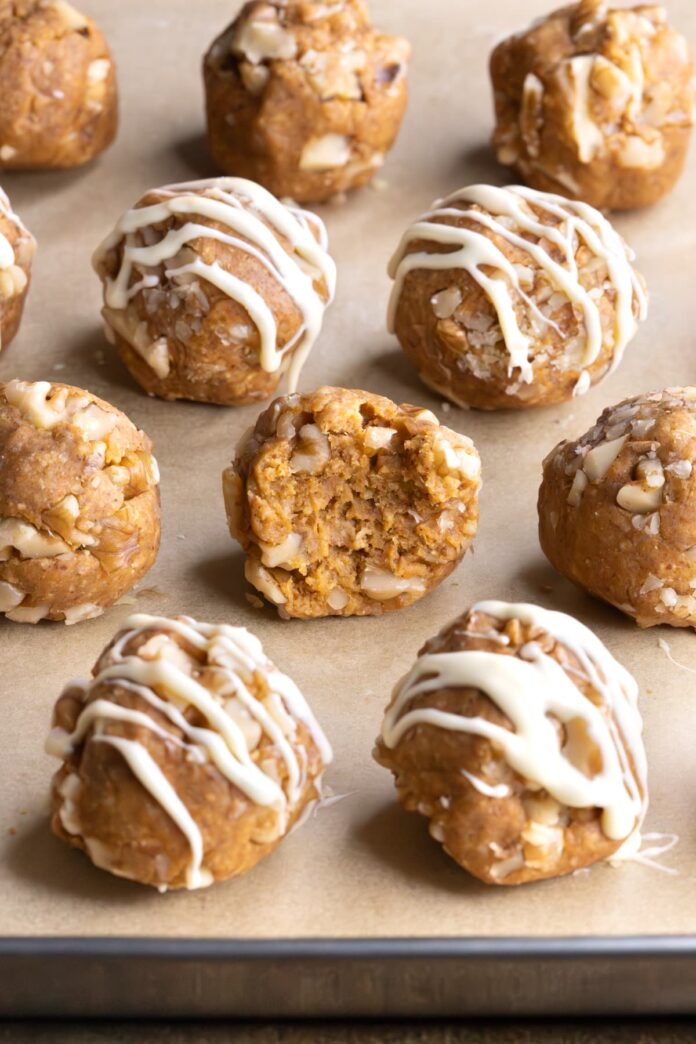 Carrot cake protein balls on a tray
