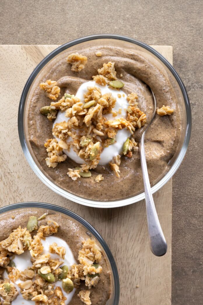 Blended coffee chia pudding served in bowls