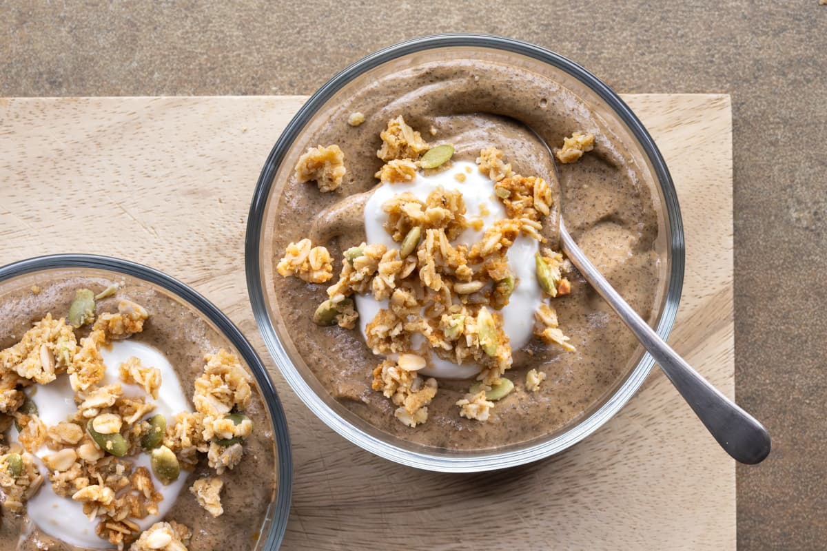 Chia pudding bowls topped with yogurt and granola