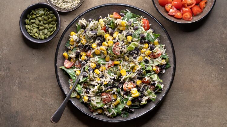 High-protein vegan burrito salad served on a plate
