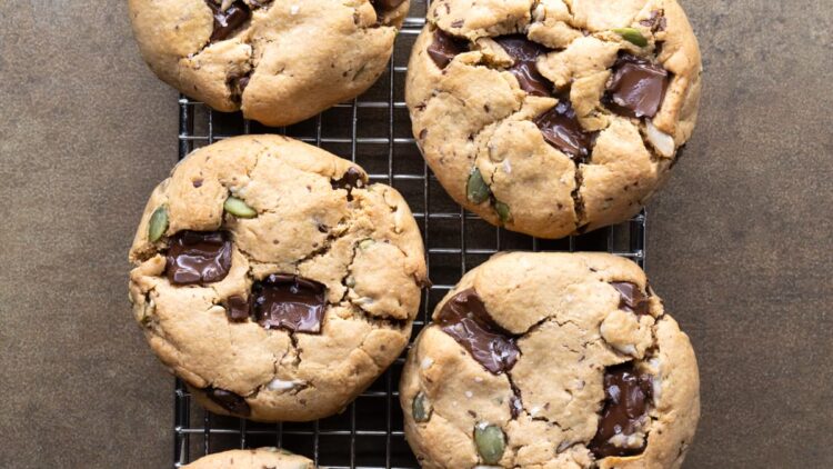 Freshly baked thick cashew butter chocolate chip cookies