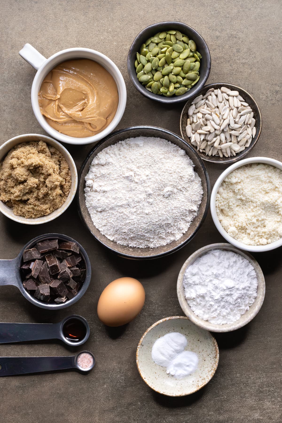 Ingredients for cashew butter chocolate chip cookies