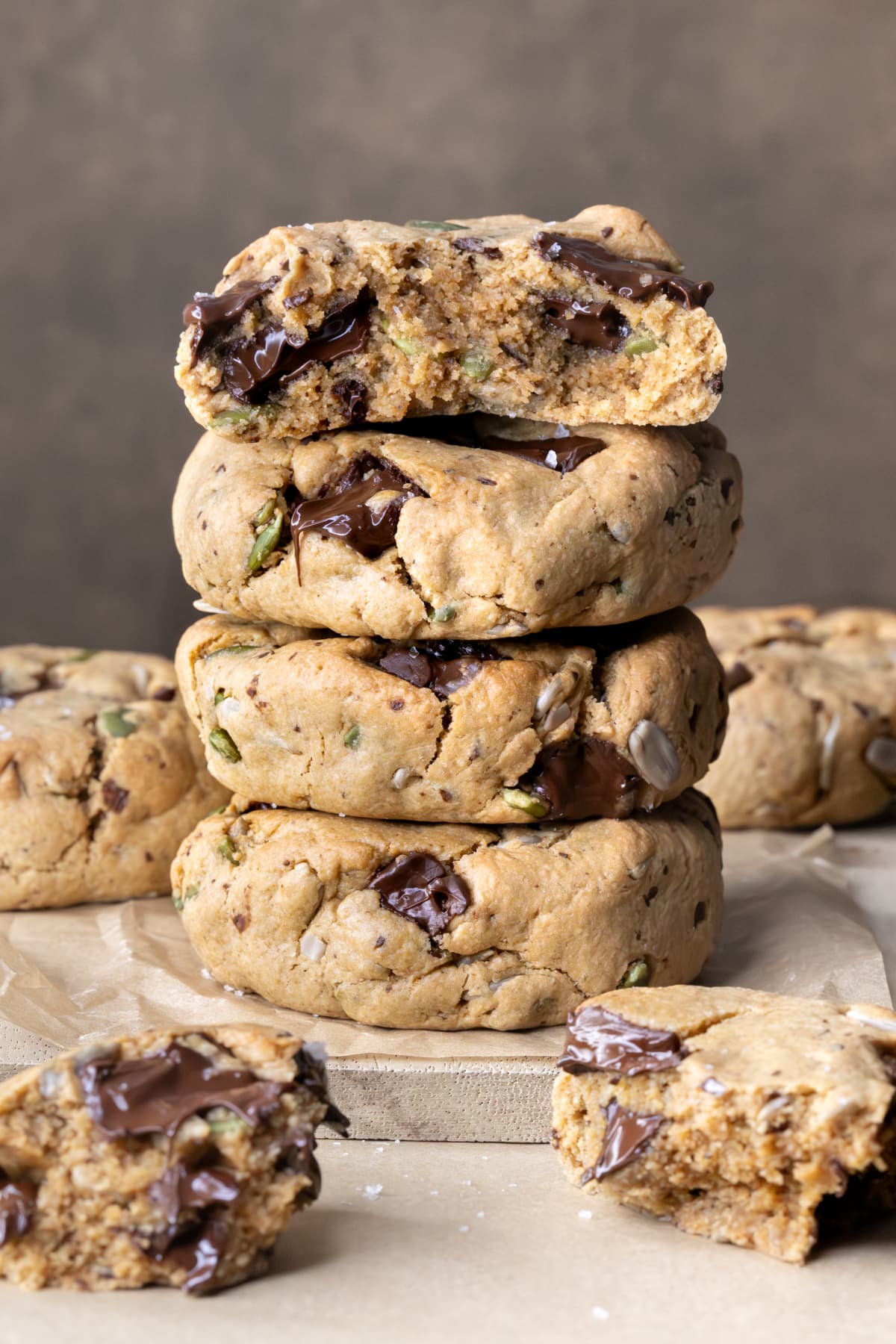 A stack of thick chocolate chip cookies