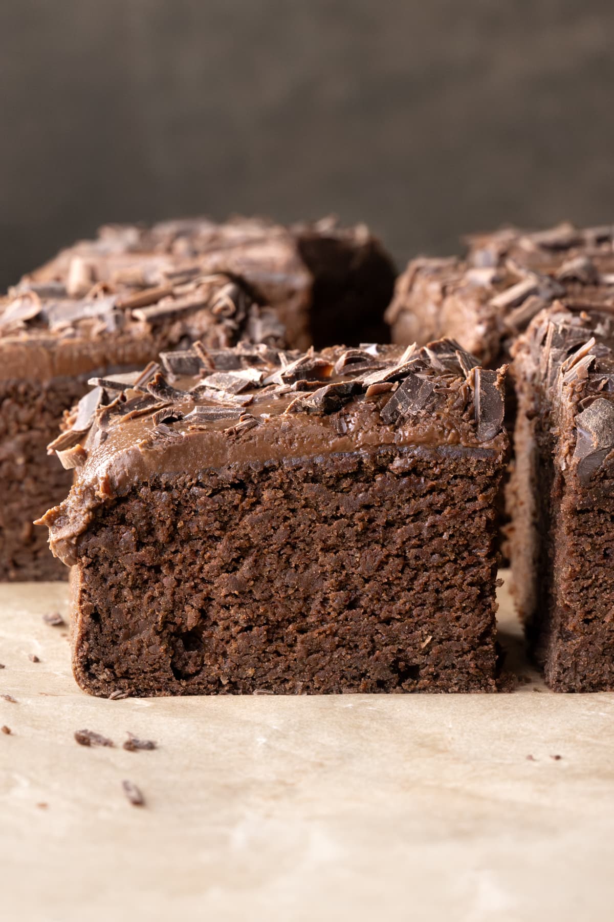 A piece of chickpea chocolate cake with chocolate frosting