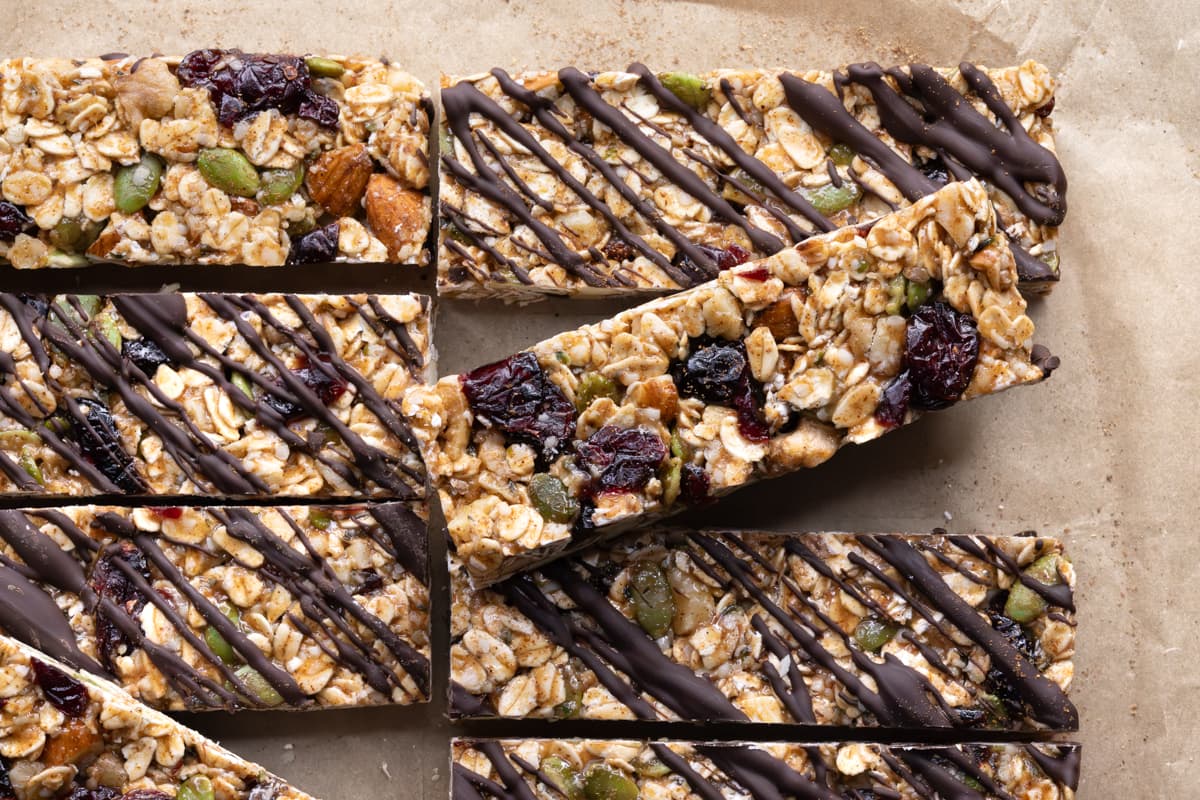 Granola bars with oats, dried cranberries, nuts, and seeds