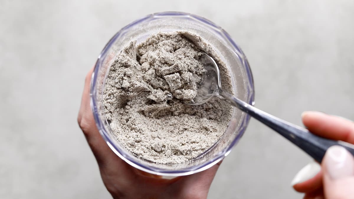 Chia seeds and buckwheat flour blended in a food processor bowl