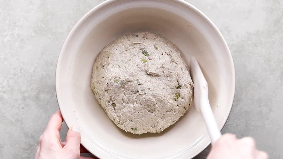 Bread dough in a mixing bowl before resting
