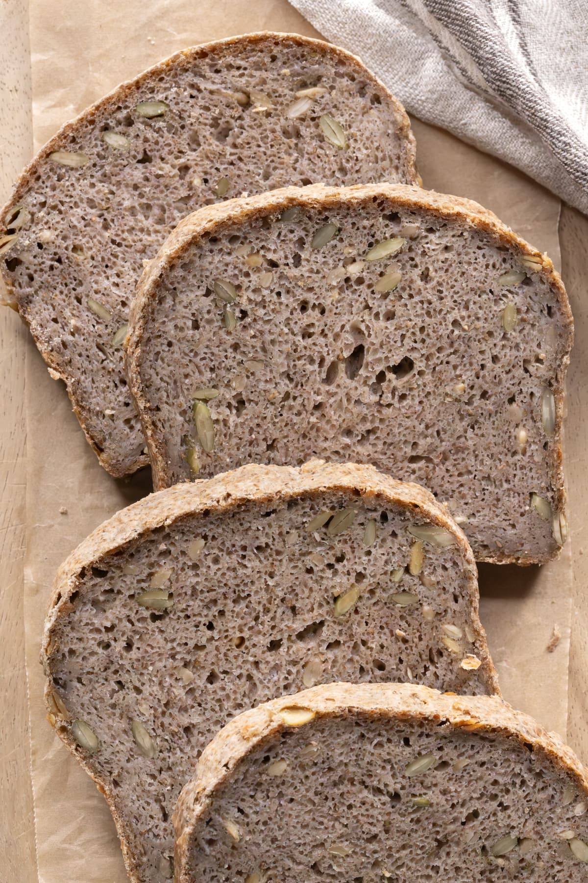 Slices of gluten-free buckwheat bread with seeds