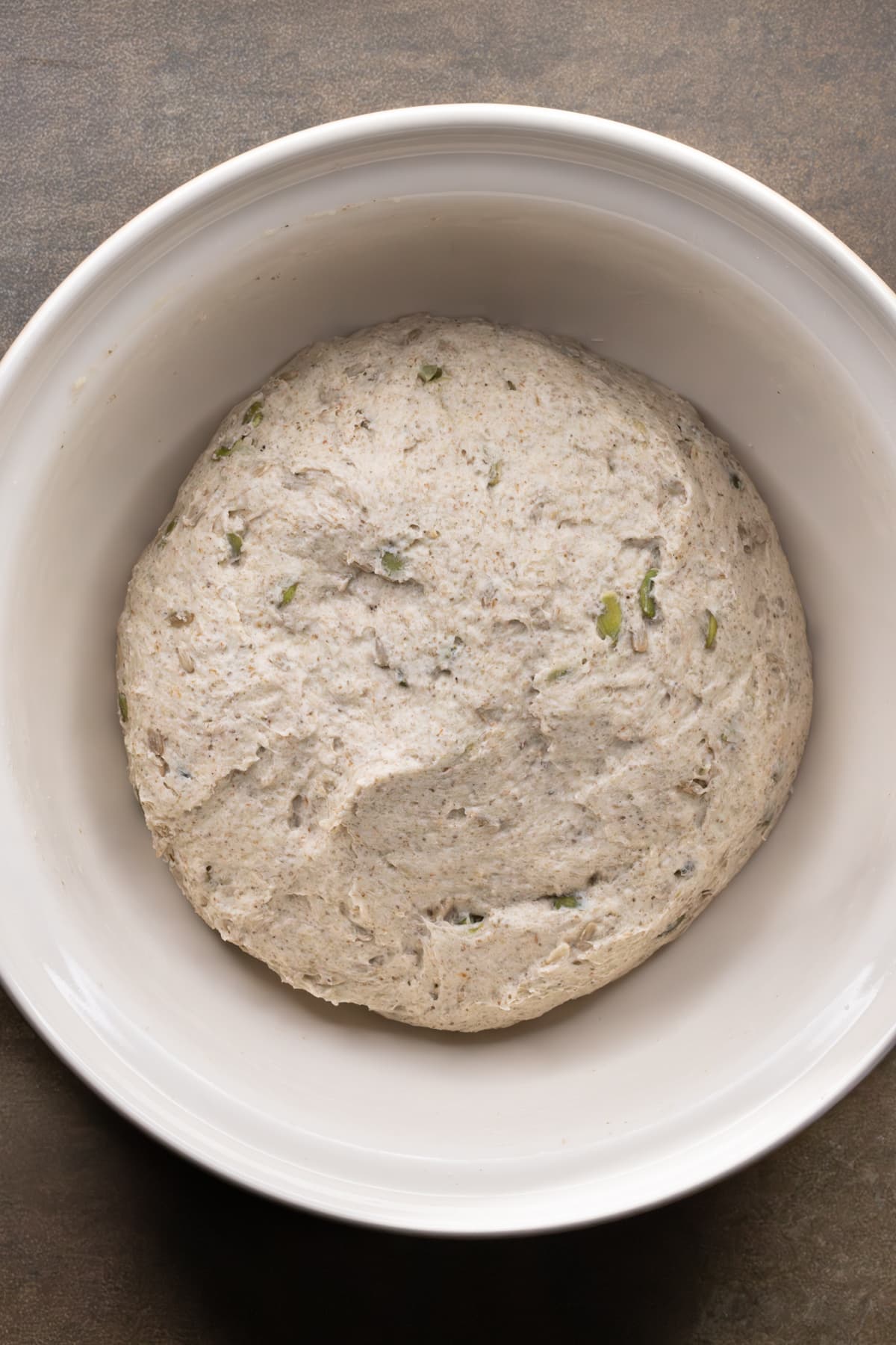 Buckwheat bread dough in a mixing bowl