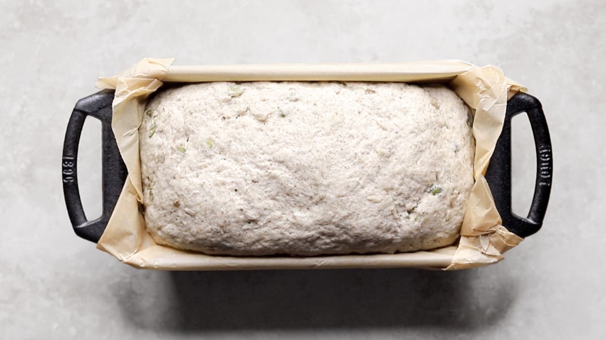 Risen bread dough in a loaf pan before baking