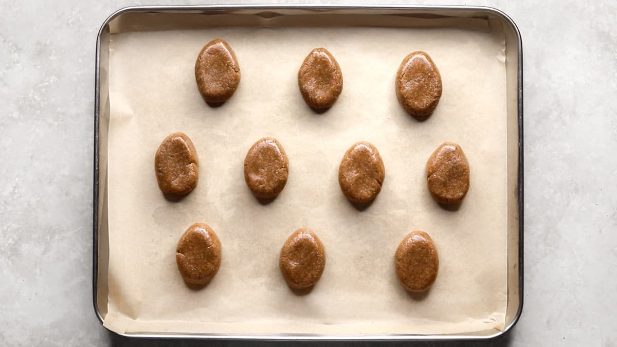Almond butter filling shaped into oval Easter egg forms, ready to be coated in chocolate